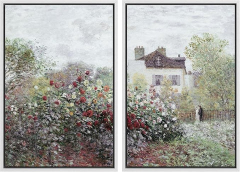 MUDECOR Framed Canvas Print Wall Art Blooming Garden and Cottage Romantic Floral Landscape Nature Wilderness Illustrations Realism Decorative Scenic for Living Room, Bedroom, Office - 24"x36"x2 White