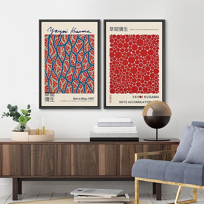MUDECOR Framed Canvas Print Wall Art Blue Red Dots by Yayoi Kusama Japanese Nature Illustration Modern Art Decorative Multicolor Geometric Minimal for Bedroom - 16"x24"x2 Black