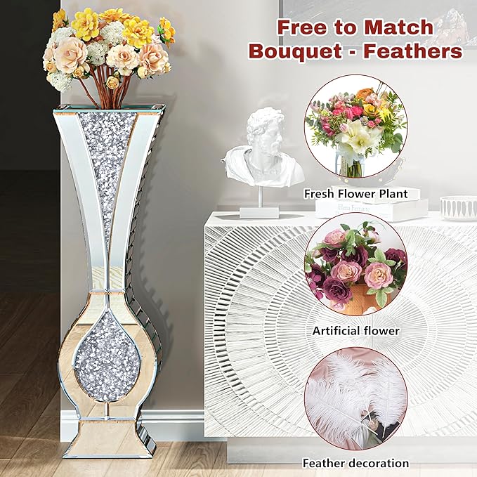 27" Tall Floor Crystal Vase Crushed Diamond Floor Vase Large Silver Vases for Decor Living Room Big Glass vases