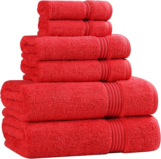 Superior Egyptian Cotton 6-Piece Towel Set, Assorted Towels for Home Bathroom, Master, Guest Bath, Decor Essentials, Includes 2 Bath, 2 Hand, 2 Face Towels/Washcloths, Quick Dry, Absorbent, Red