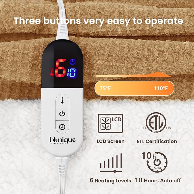 Heated Blanket Electric Blanket Twin Waffle, 62x84 Inches Sherpa Fleece Fast Heating Blanket 6 Heating Levels & 10 Hours Auto Off ETL Certification, Apricot Orange Twin