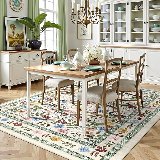 Deerly Boho Floral Rug 6x9 Vintage Colorful Washable Non-Slip Living Room Carpet Soft Low Pile Thin Bedroom Floor Mat Indoor for Dining Room Playroom Nursery Farmhouse, Beige/Green/Multi