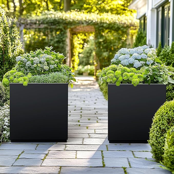 Large Square Planter Metal Black Planter Box with a Drainage Hole and a Removable Divider Indoor Outdoor Porch Pots for Tall Plants, Trees, Flowers 17.01" x 17.01" x 17.99" Black