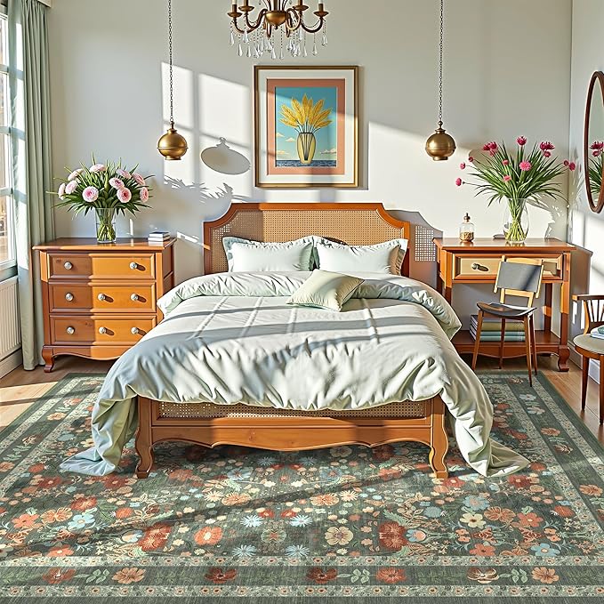 Deerly Green Boho Floral Rug 7x9 Vintage Boho Washable Non-Slip Living Room Carpet Soft Low Pile Thin Bedroom Floor Mat Indoor for Dining Room Playroom Nursery Farmhouse, Green/Multi