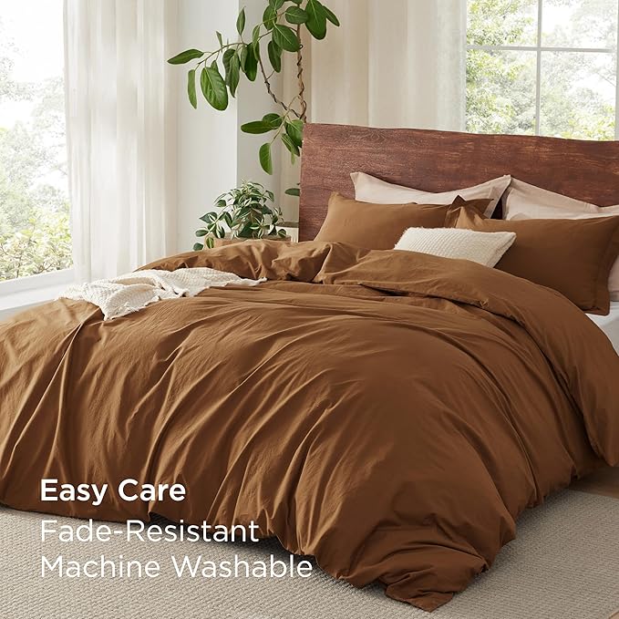 Bedsure 100% Washed Cotton Duvet Cover King Size - Brown Minimalist Cotton Duvet Cover Linen Like for All Seasons - GentleSoft™ Plain Simple Bedding, 3 Pieces (Brown, King, 104"x90")