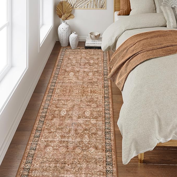 Morebes Vintage Runner Rugs with Rubber Backing, Boho Hallway Runner Rug 8 ft, Kitchen Rugs and Mats Non Skid Washable, Long Distressed Floral Rug Carpet Runner for Entryway,Brown