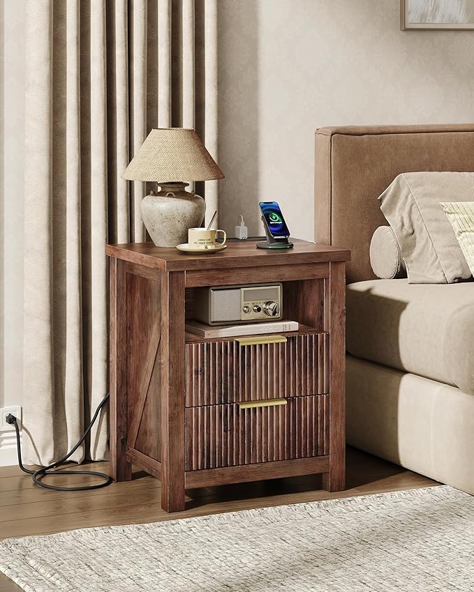 Fluted Nightstand, End Table with Charging Station and 2 Drawers, Farmhouse Nightstands with Fluted Panel, Engineered Wood Side Table for Bedroom Walnut MBZ06UHT