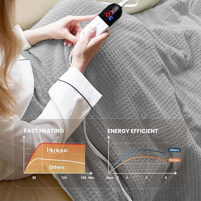 Heated Blanket Electric Blanket Twin Waffle, 62x84 Inches Sherpa Fleece Fast Heating Blanket 6 Heating Levels & 10 Hours Auto Off ETL Certification,Light Grey Twin
