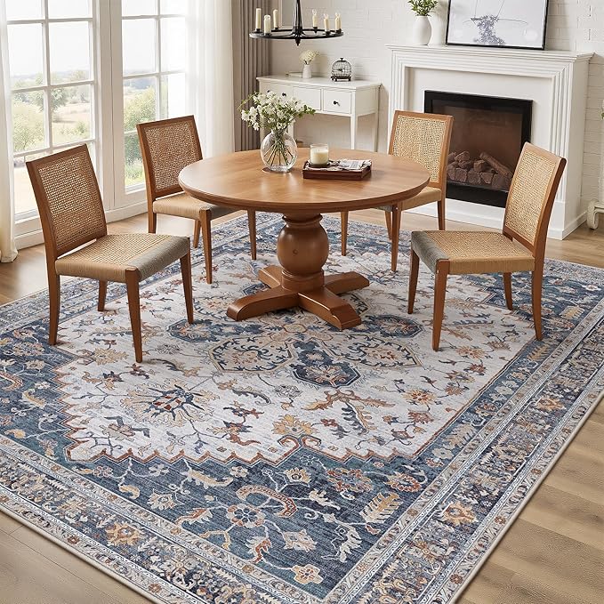 GENIMO 8X10 Area Rugs for Living Room, Machine Washable Vintage Floor Cover Foldable Modern Non Slip Rug, Low Pile Soft Indoor Carpet Floral Print Mat Rug,Bedroom/Dining Room/Home Office,Navy Blue