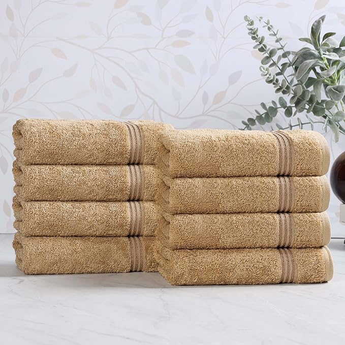 Superior Egyptian Cotton 8-Piece Hand Towel Set, Towel Basics For Quick Dry, Absorbent Small Towels, Facial, Spa, Kitchen, Bathroom Essentials, Apartment, Guest Bath, Soft, Washcloth, Toast