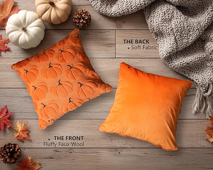 4TH Emotion Fall Pumpkins Decorative Pillow Covers 16x16 Set of 2, Orange Soft Plush Faux Fur Wool Farmhouse Throw Cushion Cases for Autumn Thanksgiving Holiday Home Decorations