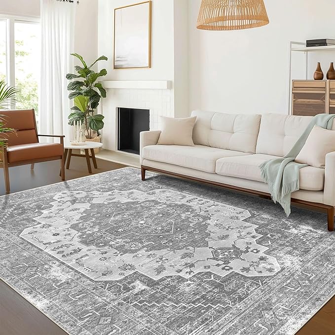 vivorug 5x7 Area Rugs, Stain Resistant Washable Rug for Living Room, Vintage-Inspired Grey Floral Rug