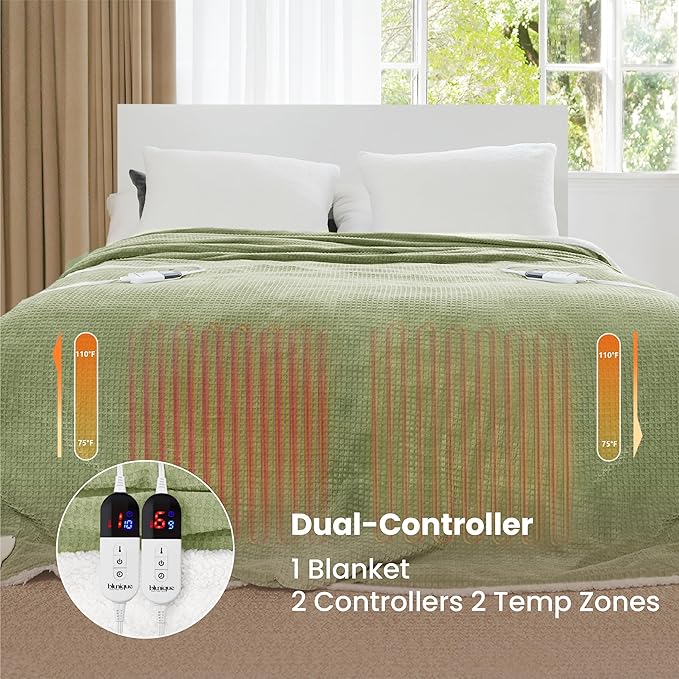 Heated Blanket Electric Blanket Queen Waffle, 84x90 Inches Dual Controllers Sherpa Fleece Fast Heating Blanket 6 Heating Levels & 10 Hours Auto Off ETL Certification, Sage Queen