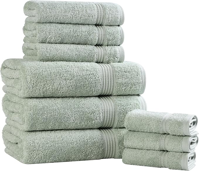 Superior Egyptian Cotton 9-Piece Towel Set, Assorted Towels for Home Bathroom, Guest Bath Decor Essentials, Includes 3 Bath, 3 Hand, 3 Face Towels/Washcloths, Quick Dry, Absorbent - Sage