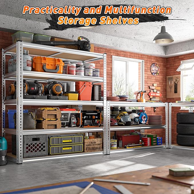 REIBII 40" W Garage Shelving 2500LBS Storage Shelves Adjustable Metal Shelving 5 Tier Pantry Shelves for Garage Closet Kitchen Basement 40" W x 19.7''D x 72''H, Silver