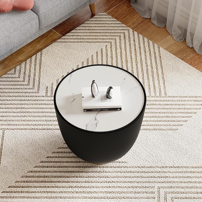 19.7" Round End Table Luxury Cup Shape Leather Sofa Beside Tables, Circle Sofa Couch Table PU Leather, Modern White Marble Top Drum Bowl Living Room Tables for Living Room Bedroom Apartment