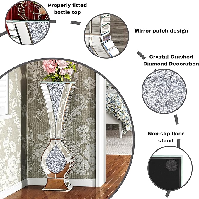 27" Tall Floor Crystal Vase Crushed Diamond Floor Vase Large Silver Vases for Decor Living Room Big Glass vases