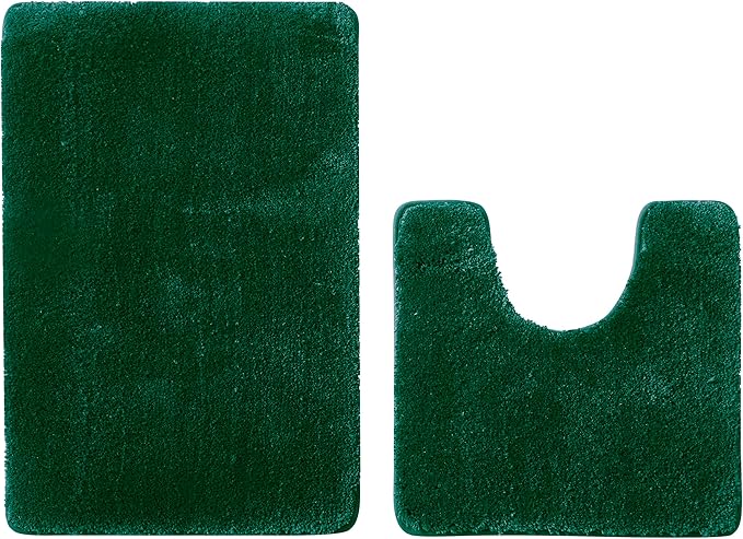 Bathroom Rug Set 2Piece, Thick &Soft Microfiber Shaggy, U Shaped Contour, Machine Washable Bath Mats, Absorbent Bath Rugs, Non-Slip Rubber Backing Bath Mat for Bathroom Floor, Tub and Shower,Green