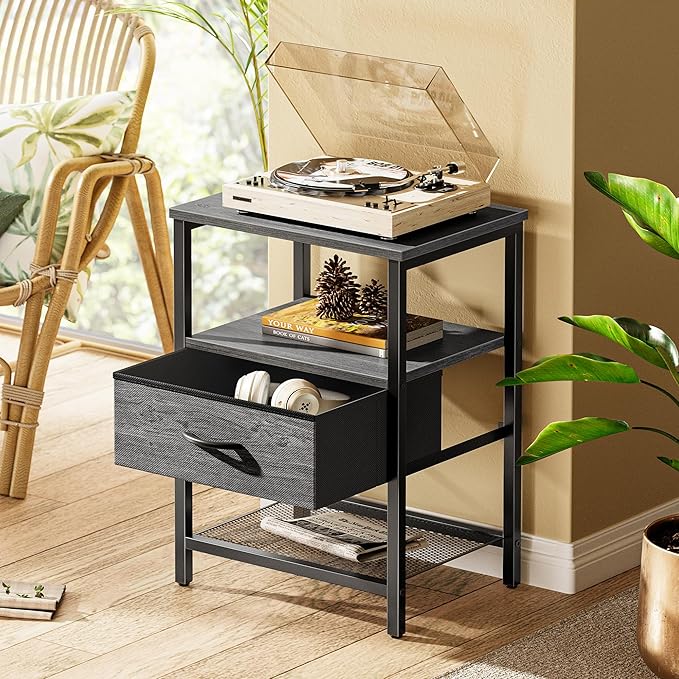 Huuger Nightstand Set of 2, Night Stand with Fabric Drawer, Mesh Shelf, Side Table with Storage, Fabric Drawer Dresser, Open Shelf, Metal Frame, Bedroom, Grey