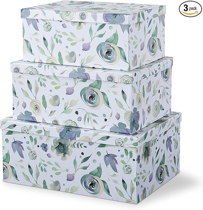 Soul & Lane Decorative Cardboard Storage Boxes with Lids for Home Decor and Organizing, Set of 3 Large Keepsake Boxes for Memories & Gifts, Nesting Floral Photo Storage Containers, Handpicked Bouquet