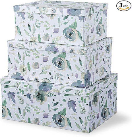 Soul & Lane Decorative Cardboard Storage Boxes with Lids for Home Decor and Organizing, Set of 3 Large Keepsake Boxes for Memories & Gifts, Nesting Floral Photo Storage Containers, Handpicked Bouquet