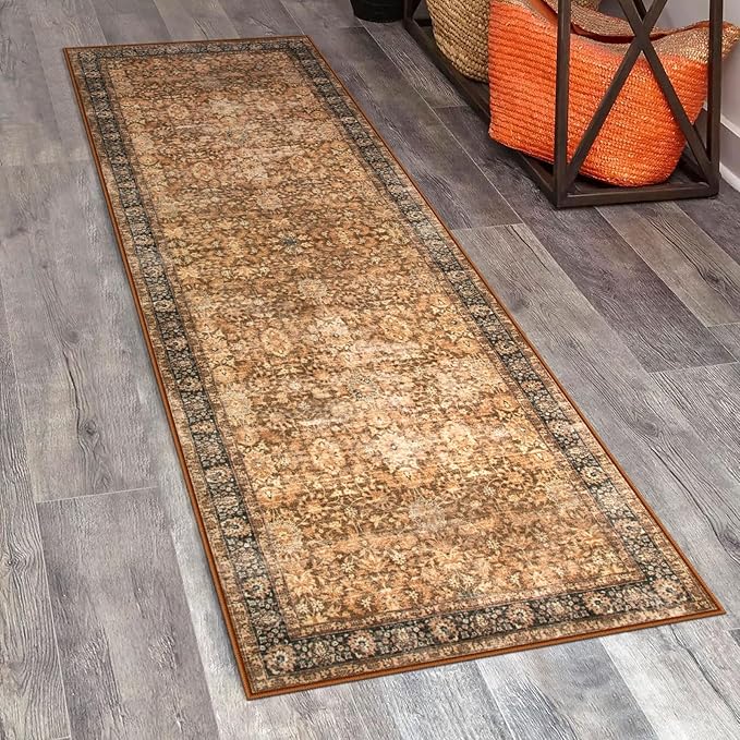 Morebes Vintage Washable Runner Rug 2x6, Floral Kitchen Runner Rugs Non Slip, Super Soft Distressed Indoor Throw Carpet for Hallway Bedroom Bedside Bathroom Laundry Room, Dark Brown