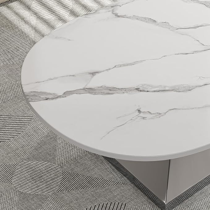 Modern Oval Sintered Stone Coffee Table, 51.2" White and Silver Rectangle Coffee Table with Faux Marble Top & Golden Geometric Stainless Steel Base, Rectangle Tea Center Table for Living Room