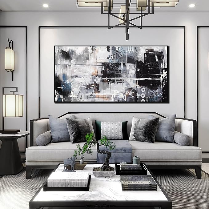 Black and White Abstract Wall Art - Modern Wall Art Living Room - 24" x 48" Framed