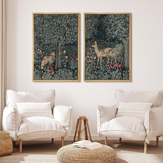 MUDECOR Framed Canvas Print Wall Art Enchanting Forest Wildlife Prints Deer & Fox in Woodland Nature Wilderness Illustrations Realism Decorative for Living Room, Bedroom, Office - 24"x36"x2 Natural