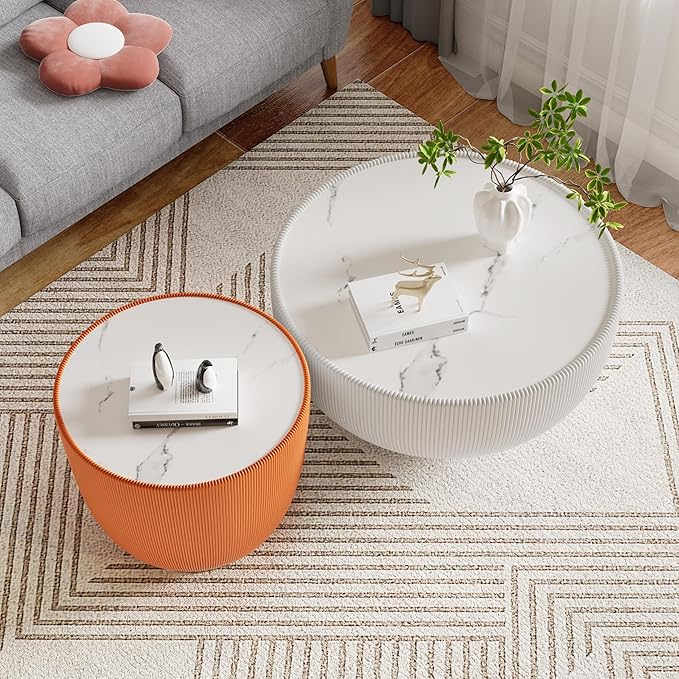Round Coffee Table Set of 2, 2 Piece Luxury Cup Shape Leather End Tables Living Room Sets, Modern Circle Bedroom Side Sofa Tables Set of 2 with PU Leather for Living Room Bedroom