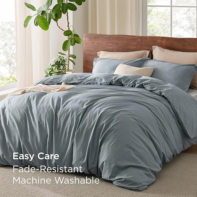 Bedsure 100% Washed Cotton Duvet Cover Queen Size - Dusty Blue Minimalist Cotton Bedding Linen Like for All Seasons - GentleSoft™ Plain Simple Duvet Cover, 3 Pieces (Dusty Blue, Queen, 90"x90")