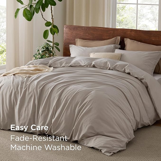 Bedsure 100% Washed Cotton Duvet Cover Oversized King - Natural Color Minimalist Duvet Cover for All Seasons - GentleSoft™ Plain Simple Bedding, 3 Pieces (Natural, Oversized King, 120"x98")