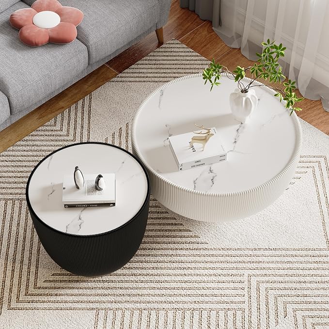 Round Coffee Table Set of 2, 2 Piece Luxury Cup Shape Leather End Tables Living Room Sets, Modern Circle Bedroom Side Sofa Tables Set of 2 with PU Leather for Living Room Bedroom