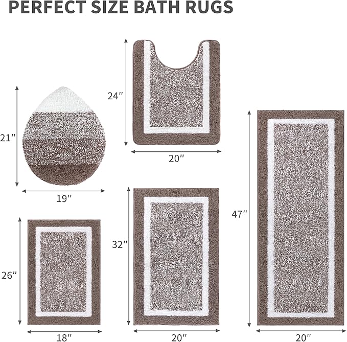 Pauwer Bathroom Rugs Set 5 Piece, Plush Absorbent Microfiber Bath Mats for Bathroom, Non Slip Washable Bath Rug Set with U Shaped Contour Toilet Rugs, Shower Rug and Toilet Lid Cover, Coffee