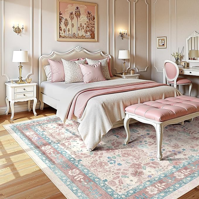 Deerly Pink Washable Floral Rugs 8x10 Large Vintage Living Room Carpet Boho Non-Slip Soft Low Pile Thin Bedroom Floor Mat Indoor for Playroom Nursery Kids Girls Room Farmhouse, Light Pink/Blue/Multi