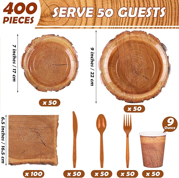 400 Pieces Wood Grain Slice Disposable Party Tableware Sets Rustic Wood Party Supplies Including Plates Cups Napkins Cutlery Serves 50 for Camping Birthday Forest Themed Party Decorations