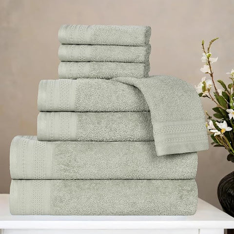 Superior Honeycomb Cotton Medium Weight Towels, for Guest Bath, Master Bathroom, Shower, Quick Dry, Adults, Home Essentials, Textured Waffle Border, Assorted Towel Set, 8 Piece Towel Set, Sage