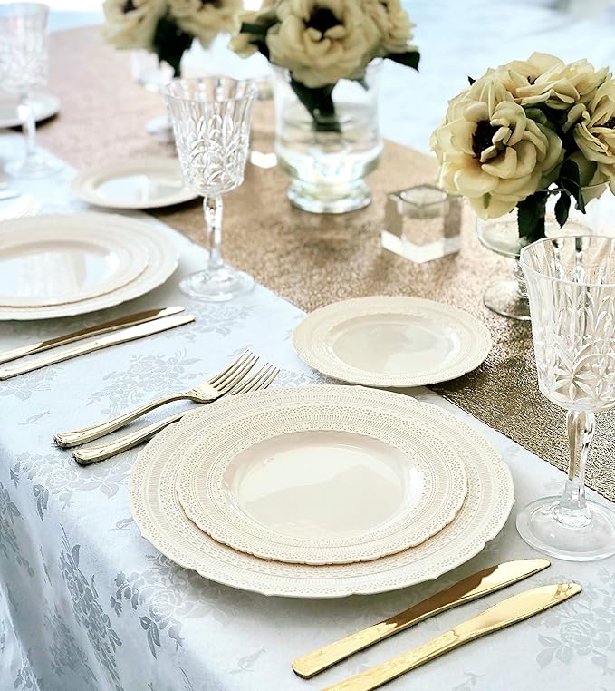 " OCCASIONS " 240 Plates Pack,(120 Guests) Extra Heavyweight Vintage Wedding Disposable/Reusable Plastic Plates 120x 11'' Dinner + 120 x 8.25'' Salad/Dessert Plate (Chateau Ivory)