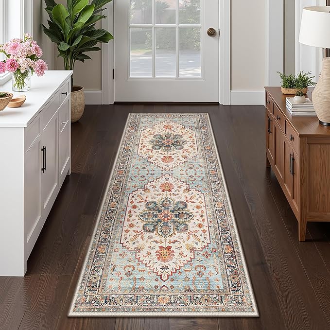 GENIMO 2X5 Runner Rugs for Entryway,Machine Washable Vintage Floor Cover Foldable Modern Non Slip Rug, Low Pile Soft Carpet Floral Print Mat for Indoor Entryway/Bathroom/Kitchen/Carpet,Sky Blue