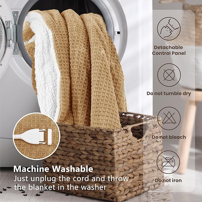 Heated Blanket Electric Blanket Queen Waffle, 84x90 Inches Dual Controllers Sherpa Fleece Fast Heating Blanket 6 Heating Levels & 10 Hours Auto Off ETL Certification, Apricot Orange Queen