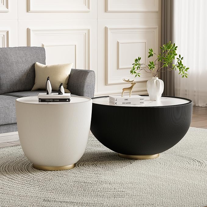 Round Coffee Table Set of 2, 2 Piece Luxury Cup Shape Leather End Tables Living Room Sets, Modern Circle Bedroom Side Tables Set of 2 with PU Leather Sofa Sets for Living Room Bedroom