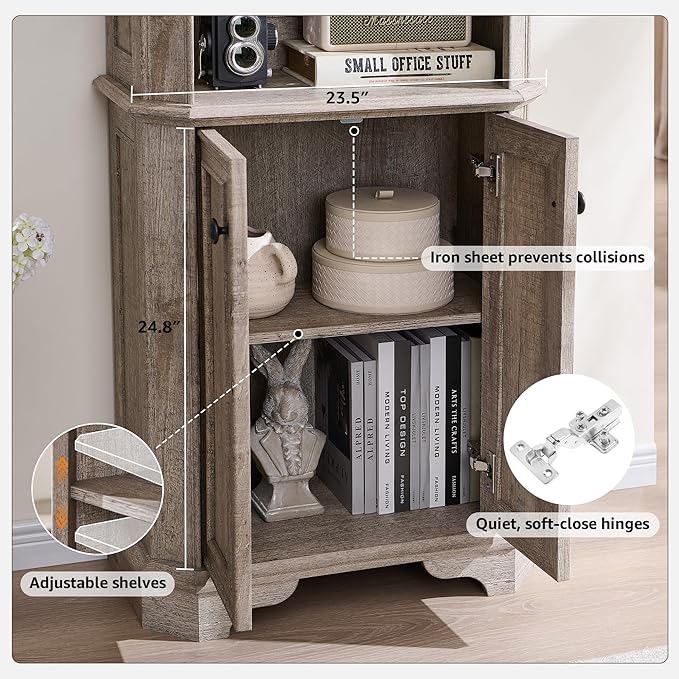 OKD 6-Tier Bookcase with Doors, 72" Tall Farmhouse Bookshelf with Storage & Adjustable Shelves, Wooden Floor Standing Display Book Shelf Organizer for Home Office, Light Rustic Oak