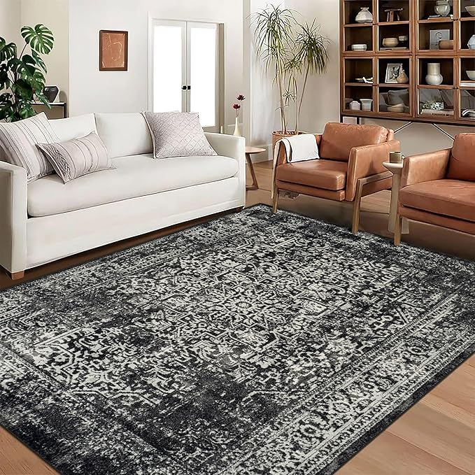 vivorug 6x9 Area Rugs, Stain Resistant Washable Rug for Living Room, Vintage-Inspired Black and White Rug