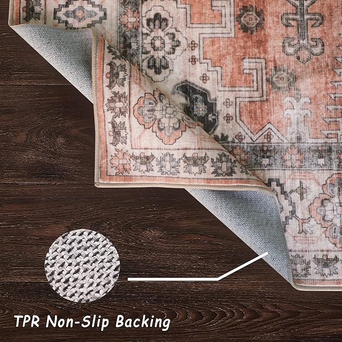 vivorug 8x10 Area Rugs for Living Room, Non-Slip Backing Washable Rug 8x10, Large Area Rug Soft Carpet for Bedroom Dining Room, Vintage, Easy Clean, Durable, Low Pile Rug, Orange
