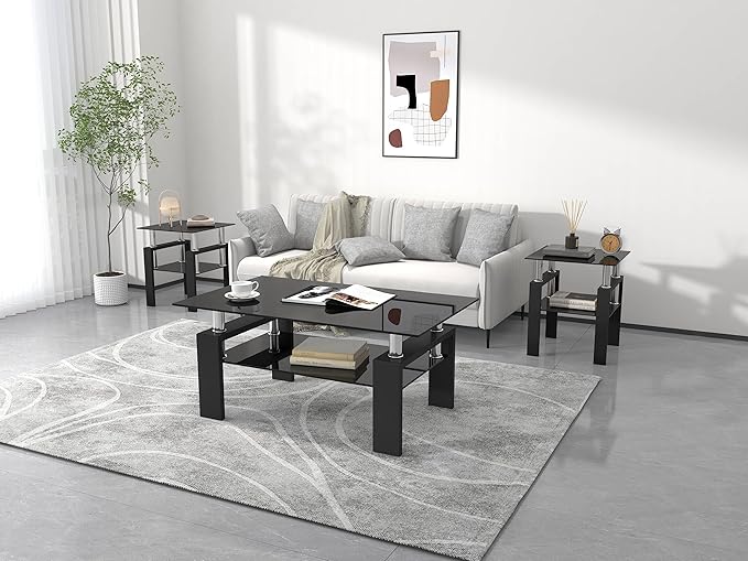 IANIYA 3 Piece Living Room Table Set, Modern Tempered Glass Coffee Table Set, Glass Coffee Table Black Metal Frame End Table for Living Room Apartment Small Space