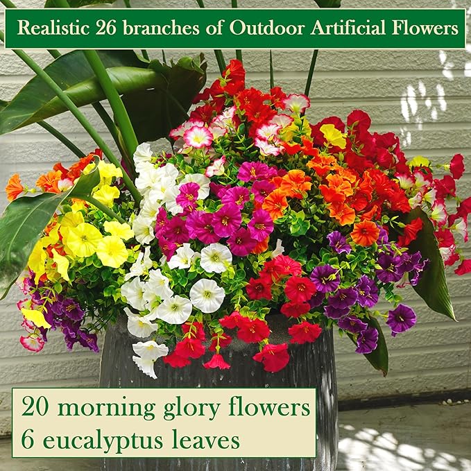 Artificial Outdoor Flowers Fake Plants for Spring Summer Decoration 20 Bundles Silk Morning Glory + 6 Eucalyptus Stems UV Resistant Colorful Faux Flowers for Outside Planter Porch Yard Patio Balcony