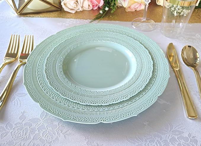 " OCCASIONS " 240 Plates Pack,(120 Guests) Extra Heavyweight Vintage Wedding Disposable/Reusable Plastic Plates 120x11'' Dinner + 120x8.25'' Salad/Dessert Plate (Chateau Mint)