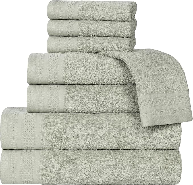 Superior Honeycomb Cotton Medium Weight Towels, for Guest Bath, Master Bathroom, Shower, Quick Dry, Adults, Home Essentials, Textured Waffle Border, Assorted Towel Set, 8 Piece Towel Set, Sage
