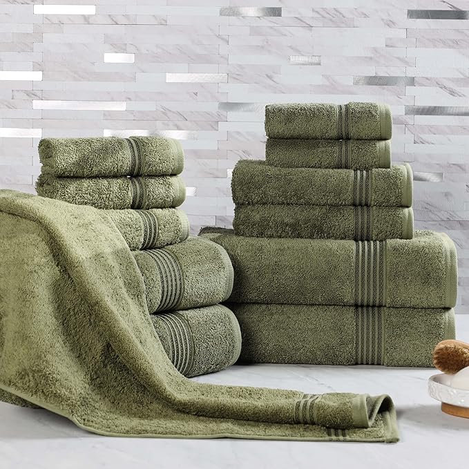 Superior Egyptian Cotton 12-Piece Towel Set, Assorted Towels, Home Bathroom, Master, Guest Bath, Decor Essentials, 4 Bath, 4 Hand, 4 Face Towels/Washcloths, Quick Dry, Absorbent, Forest Green