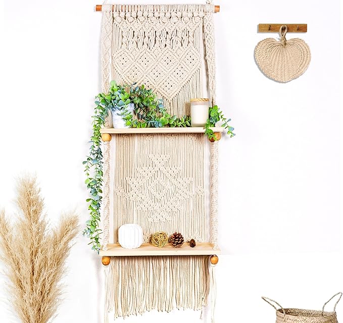 Macrame Wall Hanging Shelf (Tier 2, Natural White)